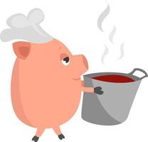 Pig with soup, illustration, vector on white background