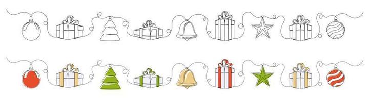 Set of continuous one line drawings of Christmas symbols vector