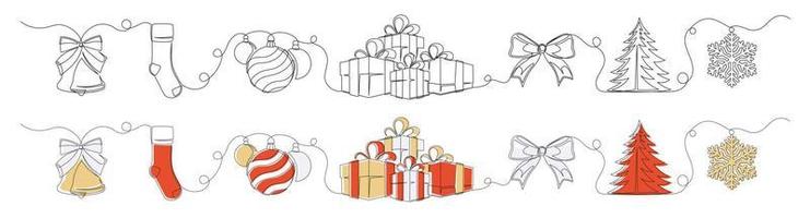 Set of continuous one line drawings of Christmas symbols vector