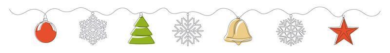 Set of continuous one line drawings of colored Christmas symbols vector