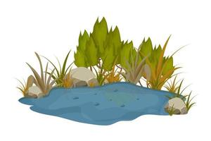 lago, pantano con piedras, hojas de lirio de espadaña en estilo de dibujos animados aislado sobre fondo blanco. escena de fantasía forestal, naturaleza salvaje. ilustración vectorial vector