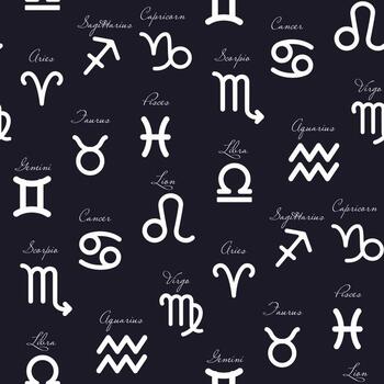 Elements of the zodiac signs on a blue background with inscriptions. Repeating seamless pattern for printing on textiles and paper. From bed linen to flyers. vector