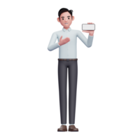 uomo d'affari nel blu camicia presentazione con un' paesaggio Telefono schermo, 3d illustrazione di uomo d'affari utilizzando smartphone png