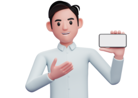 businessman presenting with landscape screen phone, 3d illustration of businessman holding phone png