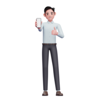 empresário de camisa azul dar polegares para cima e mostrando a tela do smartphone, ilustração 3d do empresário usando smartphone png