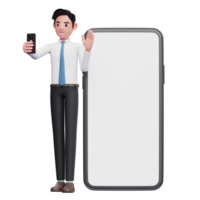 empresário de camisa branca fazendo videochamada e acenando com a mão, ilustração 3d do empresário usando telefone