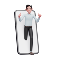 un hombre de negocios con camisa azul aparece desde el interior de la pantalla del teléfono mientras da un pulgar hacia arriba, ilustración 3d de un hombre de negocios sosteniendo un teléfono png