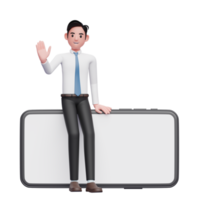 uomo d'affari nel bianca camicia seduta su un' paesaggio Telefono e agitando mano, 3d illustrazione di uomo d'affari utilizzando Telefono