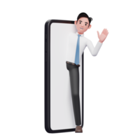 un homme d'affaires apparaît sur le grand écran du téléphone et agite la main, illustration 3d d'un homme d'affaires utilisant un téléphone png