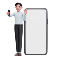 businessman in blue shirt making video call and waving hand on big phone background, 3d illustration of businessman holding phone png