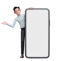 affärsman visas från Bakom en stor telefon, 3d illustration av affärsman innehav telefon png