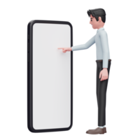 Businessman in blue shirt playing mobile phone touching phone screen with index finger, 3d illustration of businessman holding phone png