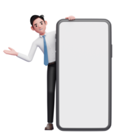 empresário emerge por trás do grande telefone celular, ilustração 3d do empresário usando o telefone png