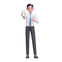 hombre de negocios con camisa blanca da pulgares hacia arriba y muestra la pantalla del teléfono, ilustración 3d del hombre de negocios usando el teléfono png