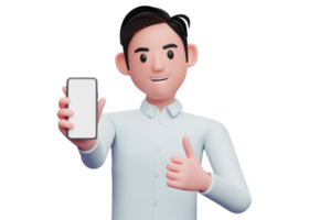 retrato de un hombre de negocios que muestra la pantalla del teléfono a la cámara con un pulgar hacia arriba png