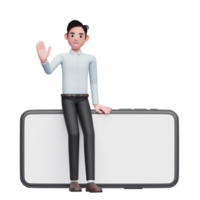 businessman sitting casually on a landscape phone and waving hand, 3d illustration of businessman holding phone png