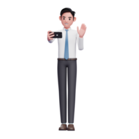 empresário de camisa branca e gravata azul faz videochamadas, ilustração 3d do empresário usando telefone png