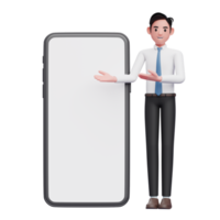 hombre de negocios con camisa blanca que presenta un teléfono grande con pantalla blanca en blanco, ilustración 3d del hombre de negocios que usa el teléfono png