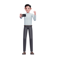 Businessman in blue shirt celebrating while looking at the phone screen, 3d illustration of businessman using smartphone png