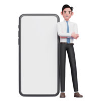 businessman in white shirt leaning on phone with big white screen, 3d illustration of businessman using phone png