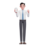 empresário de camisa branca, fazendo o gesto vencedor com a exibição da tela do telefone, ilustração 3d do empresário usando o telefone png