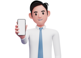 Porträt eines Geschäftsmannes in weißem Hemd und blauer Krawatte, der den Bildschirm des Telefons in die Kamera zeigt, 3D-Darstellung des Geschäftsmannes, der das Telefon benutzt png