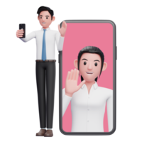 Geschäftsmann im weißen Hemd, der einen Videoanruf mit Kollegen tätigt, 3D-Darstellung des Geschäftsmannes mit Telefon png