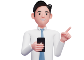 hombre de negocios con camisa blanca sosteniendo un teléfono celular mientras señala hacia el lado eligiendo el gesto, ilustración 3d del hombre de negocios usando el teléfono png