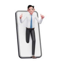 un homme d'affaires en chemise blanche apparaît de l'intérieur de l'écran du téléphone tout en donnant un coup de pouce, illustration 3d d'un homme d'affaires utilisant un téléphone png