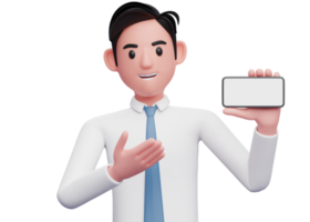 businessman in white shirt and blue tie presenting landscape screen phone, 3d illustration of businessman using phone png