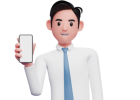 hombre de negocios con camisa blanca sosteniendo un celular mientras inclina su cuerpo, ilustración 3d de un hombre de negocios usando el teléfono png