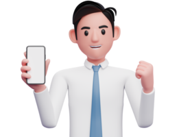 portrait of a businessman holding a cell phone while celebrating clenching his fist, 3d illustration of businessman using phone png