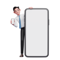 businessman appears from behind a big phone and holding phone, 3d illustration of businessman using phone png