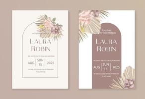 Wedding dried lunaria, rose, pampas grass floral vector card. Watercolor Exotic dried flowers, palm leaves boho invitation template. Save the Date foliage cover, modern poster, trendy design.