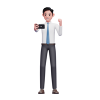 empresário de camisa branca comemorando enquanto olha para a tela do telefone, ilustração 3d do empresário usando o telefone