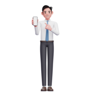 Businessman in white shirt blue tie pointing to phone screen, 3d illustration of businessman using phone png