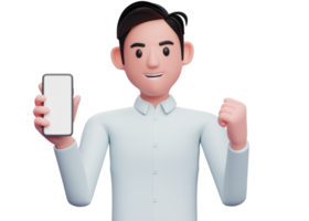 portrait of a businessman holding a cell phone while clenching her hands celebrating, 3d illustration of businessman holding phone png