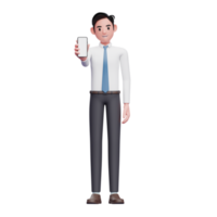 empresário de camisa branca, mostrando a tela do telefone, ilustração 3d do empresário usando o telefone png