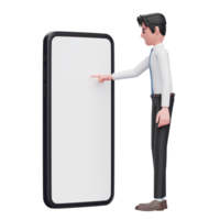 empresário de camisa branca gravata azul tocando a tela do telefone com o dedo indicador, ilustração 3d do empresário usando o telefone png
