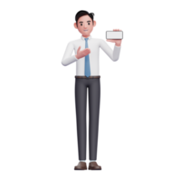 homme d'affaires en chemise blanche pointant vers l'écran du téléphone, illustration 3d d'un homme d'affaires utilisant un téléphone png