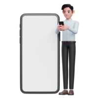 empresário de camisa azul digitando mensagem no smartphone, ilustração 3d do empresário segurando o telefone png