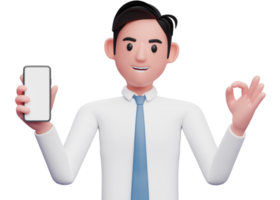 retrato de un hombre de negocios con camisa blanca dando el dedo correcto mientras muestra la pantalla del teléfono, ilustración 3d de un hombre de negocios usando el teléfono png