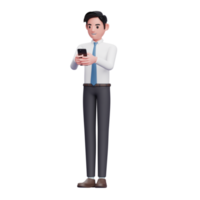 empresário com roupas limpas, digitando mensagem no smartphone, ilustração 3d do empresário usando o telefone