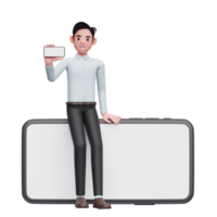 businessman sitting on a landscape phone while showing the phone screen, 3d illustration of businessman holding phone png