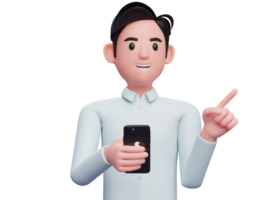 hombre de negocios sosteniendo un teléfono celular mientras señala hacia el lado eligiendo algo, ilustración 3d de un hombre de negocios sosteniendo un teléfono png