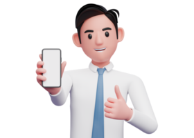 retrato de un hombre de negocios con camisa blanca dando aprecio con los pulgares mientras muestra una pantalla de teléfono móvil, ilustración 3d de un hombre de negocios usando el teléfono png