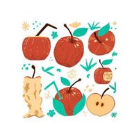 Set of red apples in different shapes. Harvest of ripe fruits. Set of design elements in the style of hand drawing. Vector illustration