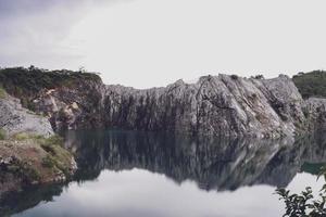 The limestone mountains after the concession explosion during the rainy season form a large and beautiful pond. photo