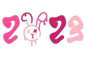 New Year 2023 print with melting rabbit face in trendy pink colors. vector