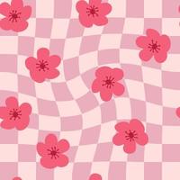 Retro seamless pattern with flowers on trippy grid background. vector